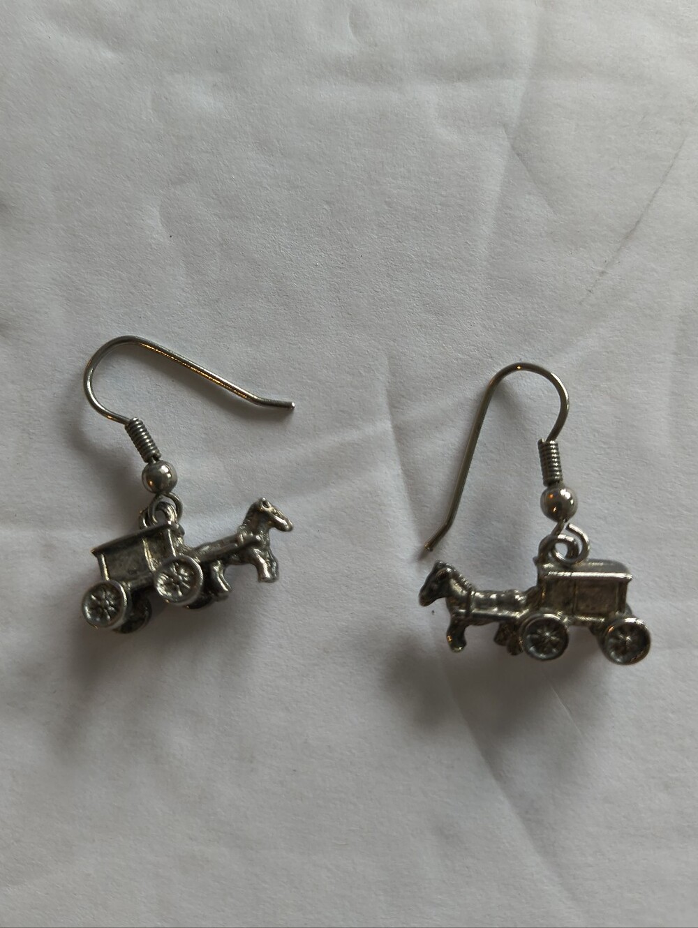 Silver Vintage Style Horse Drawn Carriage Dangle Earrings 3D Western